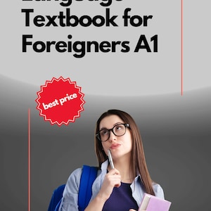 May include: A young person wearing glasses and a blue shirt is thinking about something while holding a pen and a purple book. They are wearing a blue backpack. The text "Turkish Language Textbook for Foreigners A1" is at the top of the image. A red star with the text "best price" is in the upper left corner.