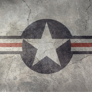 Könnte beinhalten: Ein runder US Air Force-Abzeichen im Vintage-Stil mit einem weißen Stern auf einem dunkelblauen Kreis, umgeben von einem weißen Band mit einem roten Streifen. Das Abzeichen ist auf eine rissige Betonfläche gemalt.