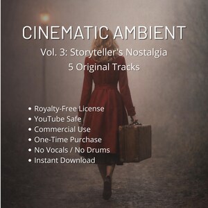 Könnte beinhalten: Digitales Albumcover für "Cinematic Ambient Vol. 3: Storyteller's Nostalgia", das eine Person in einem roten Mantel zeigt, die weggeht und einen Koffer trägt. Das Cover enthält Text mit 5 Original-Tracks, einer lizenzfreien Lizenz und sofortigem Download.