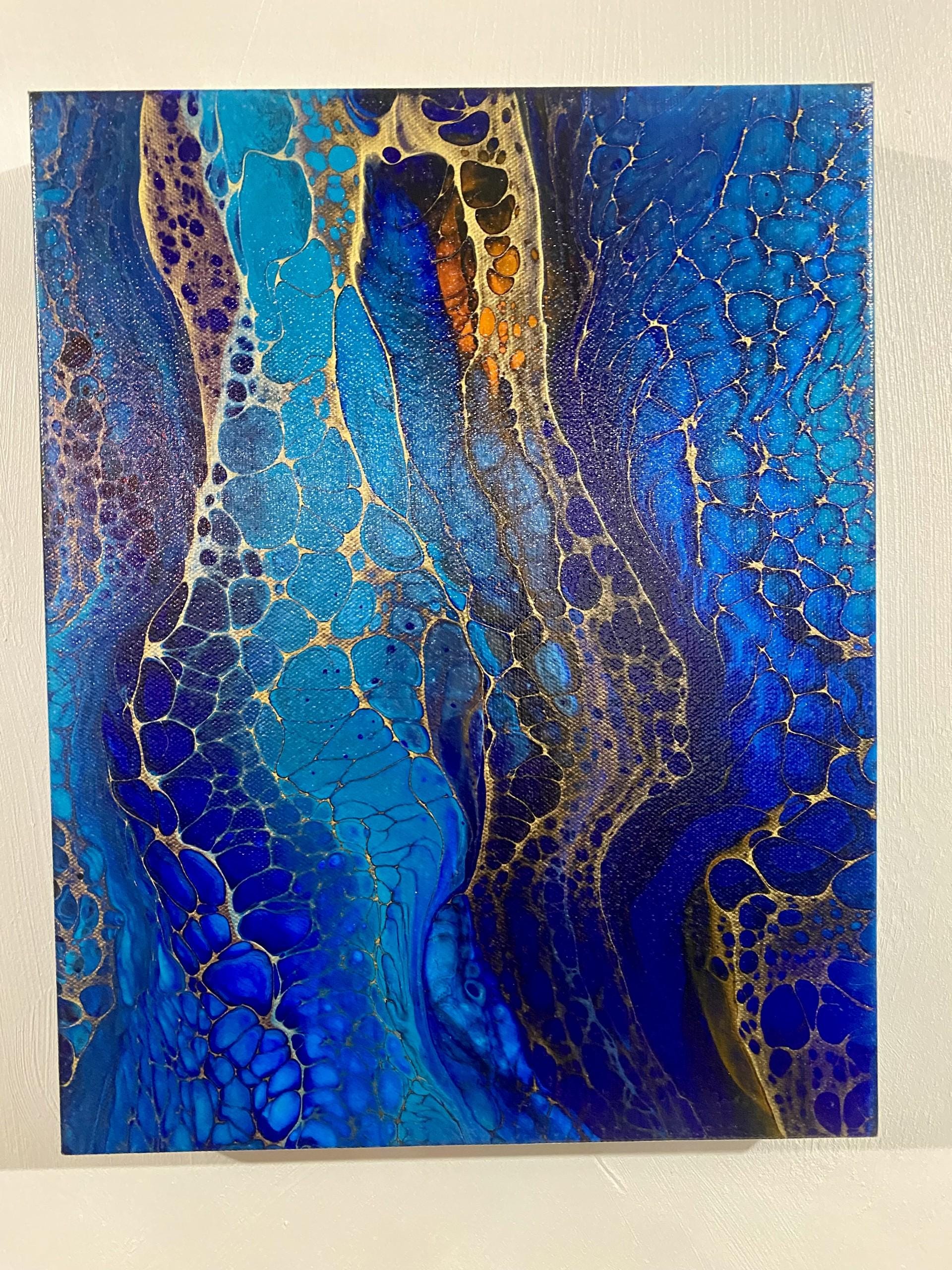 抽象的な青、オレンジ、ゴールドのアクリル画 11x14 ギャラリー