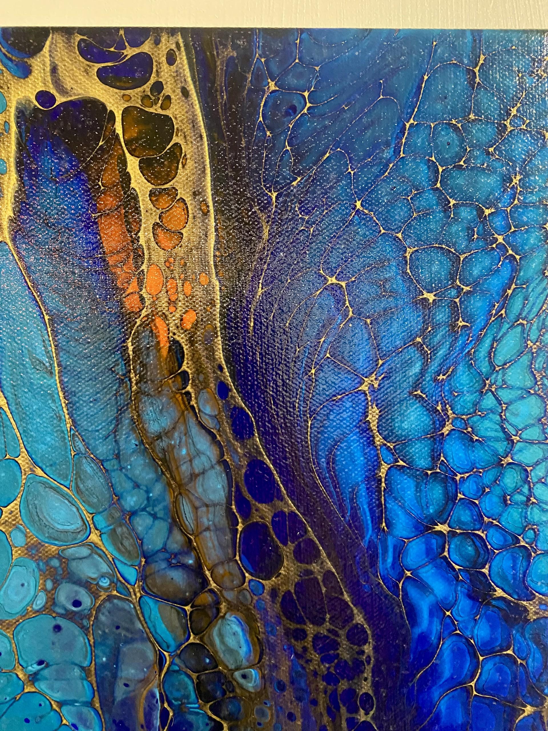 抽象的な青、オレンジ、ゴールドのアクリル画 11x14 ギャラリー