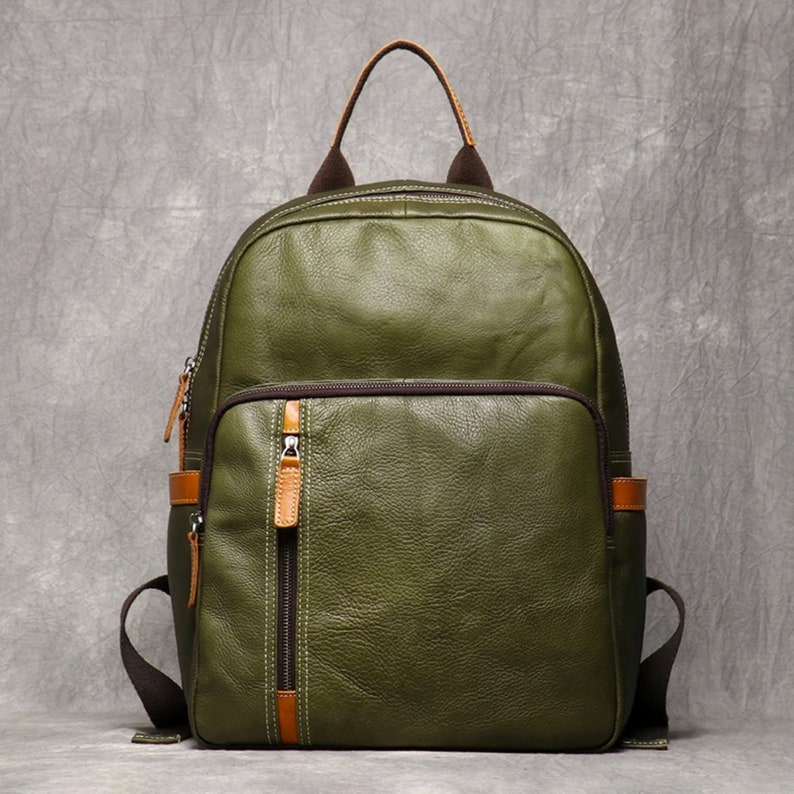 Genuine Leather Backpack, Leather Rucksack, Minimalist Leather Backpack for Men, Leather Rucksack with Laptop, Gift For Him Green