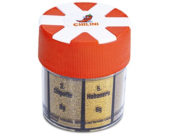 Chilini® Scharfes Chili Gewürze Streuer  (bis1000000 SCOVILLE) - 6 Sorten Chilipulver, für jede Küche und zum Grillen! Ideal für Hobbyköche