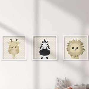 Safari Neutral Nursery Decor Wall Art for Nursery & Kids Room Giraffe Zebra and Lion Set of 3 Cream Nursery Prints