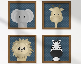 Safari Nursery Decor Wall Art for Nursery & Kids Room Set of 4 Lion Zebra Giraffe and Elephant Blue Nursery Prints