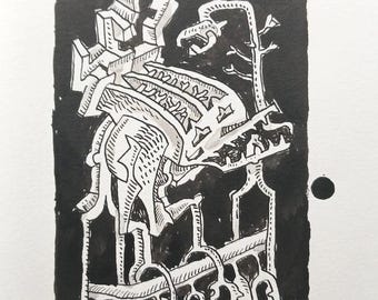Original Mythical Creature Ink Drawing: Surreal Abstract Art on A5 Paper