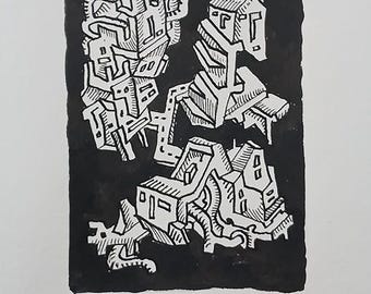 May include: Black and white ink drawing featuring abstract architectural forms. The artwork, set against a black background, showcases detailed linework and geometric shapes, with the artist's signature and the year '24 visible at the bottom.
