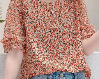 Woman Summer Blous, Floral  Tops Lady Casual Short Lantern Sleeve O-Neck Party Wear Flower Printed Blouses Tops & Tees, Gift For Her