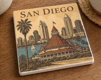 San Diego Ceramic Drink Coaster – Vintage Travel Art – Coastal California Souvenir