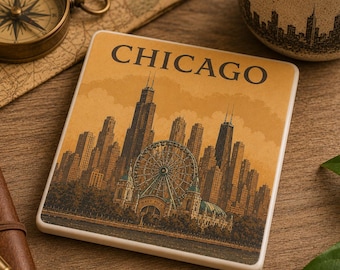 Chicago Ceramic Drink Coaster – Vintage Travel Art – Windy City Tropical Souvenir