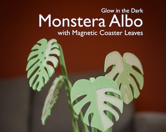 GLOWING Monstera Albo Decorative 3D Plant, Magnetic Coasters | Indoor Fake Plant | Monstera Coasters | Glow-in-the-Dark