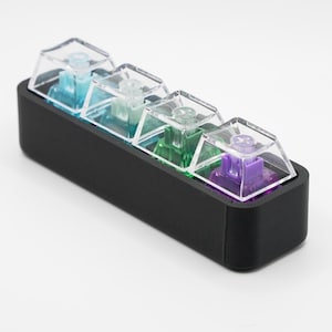 May include: A black plastic case holds four clear plastic keycaps with different colored stems. The stems are blue, green, purple, and a lighter shade of blue.