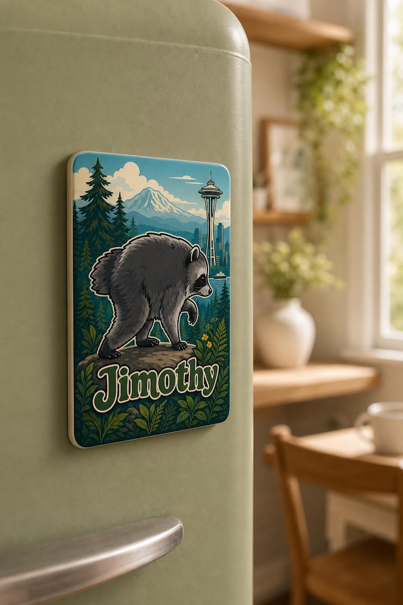 Puede incluir: Un im&aacute;n de nevera rectangular con una ilustraci&oacute;n gr&aacute;fica de un mapache de pie sobre una roca en un bosque. El fondo muestra una monta&ntilde;a y la Space Needle. El nombre Jimothy est&aacute; impreso en letras grandes y estilizadas de color verde.
