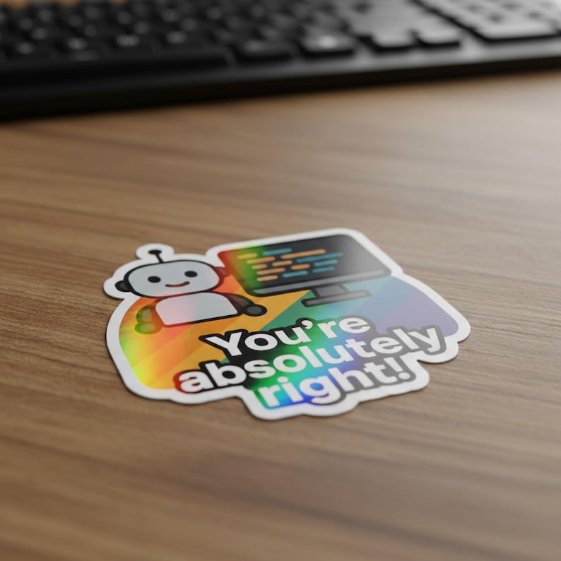 Puede incluir: Una pegatina con un robot de dibujos animados y un monitor de ordenador con c&oacute;digo, sobre un fondo degradado arco&iacute;ris. El texto de la pegatina dice "You're absolutely right!"