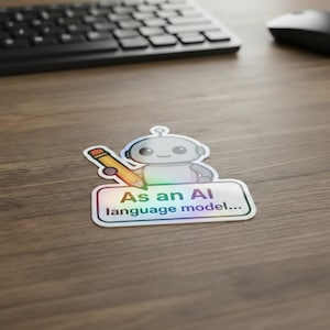May include: A holographic sticker featuring a cartoon robot holding a pencil. The sticker has the text "As an AI language model..." in a rainbow gradient. The sticker is on a wooden surface.