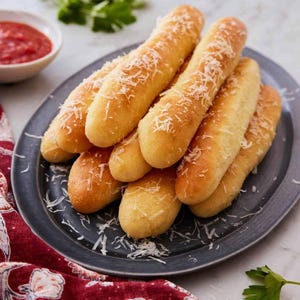 May include: A plate of golden-brown breadsticks, sprinkled with grated cheese, arranged on a dark gray plate. A small bowl of red sauce and fresh parsley are in the background. A red and white patterned cloth is in the foreground.