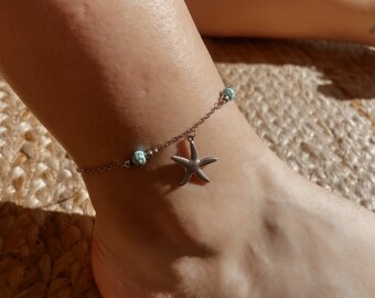 Bracelet cheville, bracelet de pied, bracelet femme, étoile de mer, bijoux plage, bijoux été, cadeau pour elle, bijoux turquoise