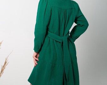Boho Summer Dress Green – Handmade Cotton Muslin Oversize Dress for Women