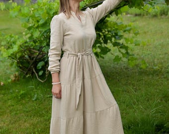 Boho-Sommerkleid aus Baumwollmusselin – Langärmeliges Maxikleid – Fließendes Maxikleid aus Baumwollmusselin
