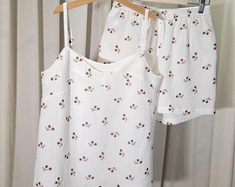 Cotton Pajama Set – Organic Muslin Sleepwear, Lightweight Summer Loungewear, Boho Pajamas, Handmade Natural Sleep Set