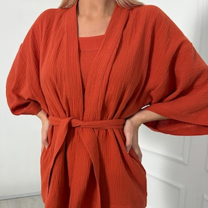 Carrot Muslin Pajama Set – Shorts, Top & Kimono Robe | Organic Cotton Sleepwear | Lightweight Summer Loungewear for Women