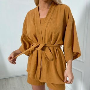 Muslin Pajama Set – Organic Cotton Sleepwear, Kimono Robe Loungewear, Double Gauze PJs
