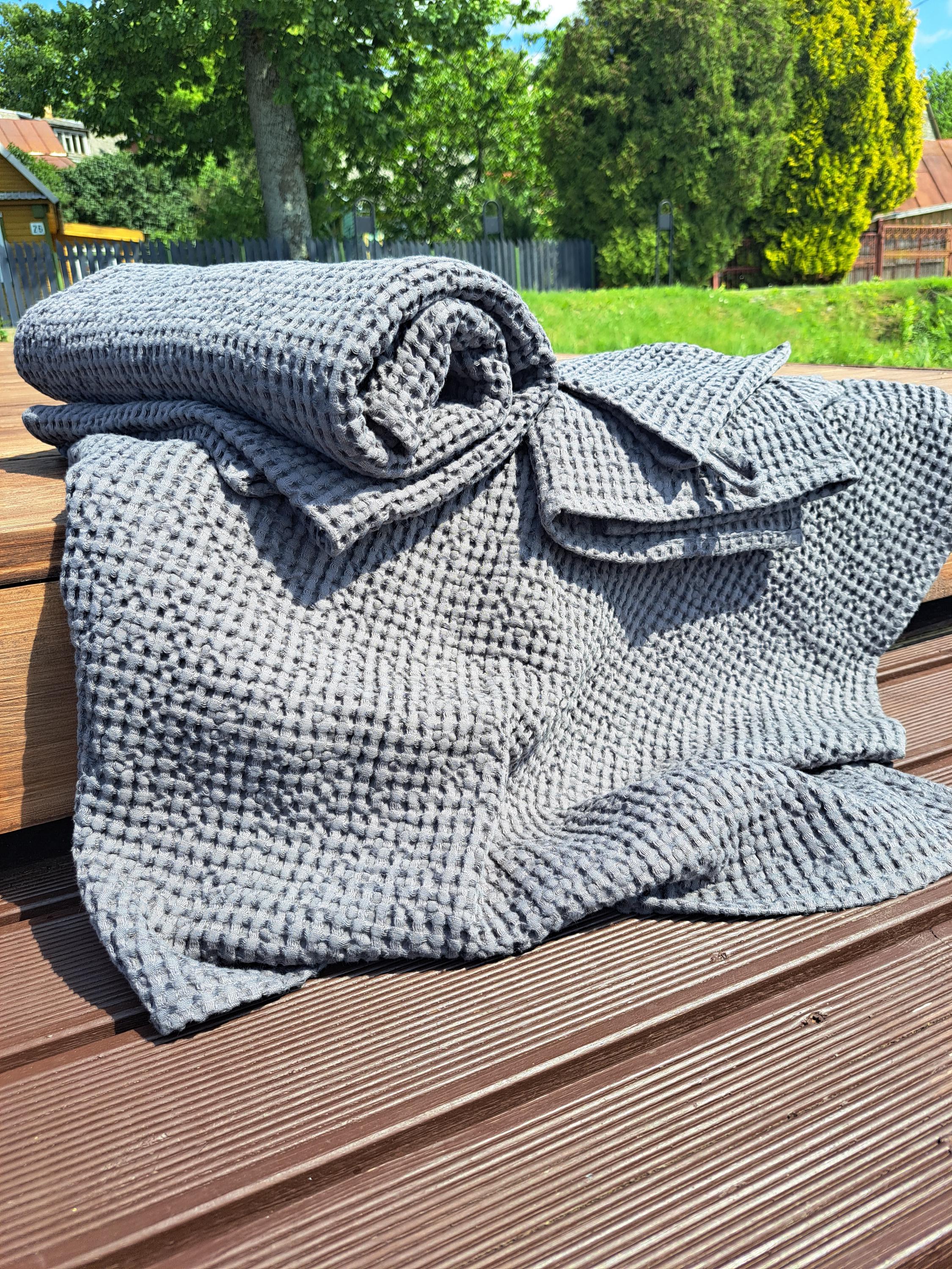 ハンドメイドワッフルリネンバスタオルセット：ソフトシワコットン