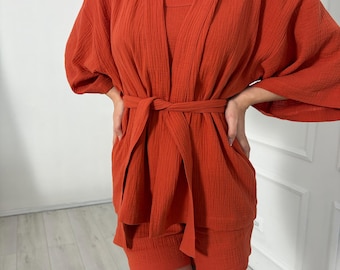 Muslin Kimono Robe – Short Women’s Wrap Robe with Belt – Handmade Organic Cotton Loungewear – Spa, Bridal, or Summer Cover-Up