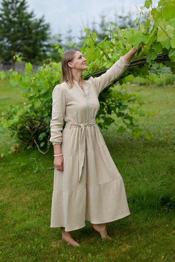 Boho Summer Dress Cotton Muslin  Long Sleeve Maxi Dress  Long Sleeve  Cotton Muslin Dress  Flowy Maxi Dress