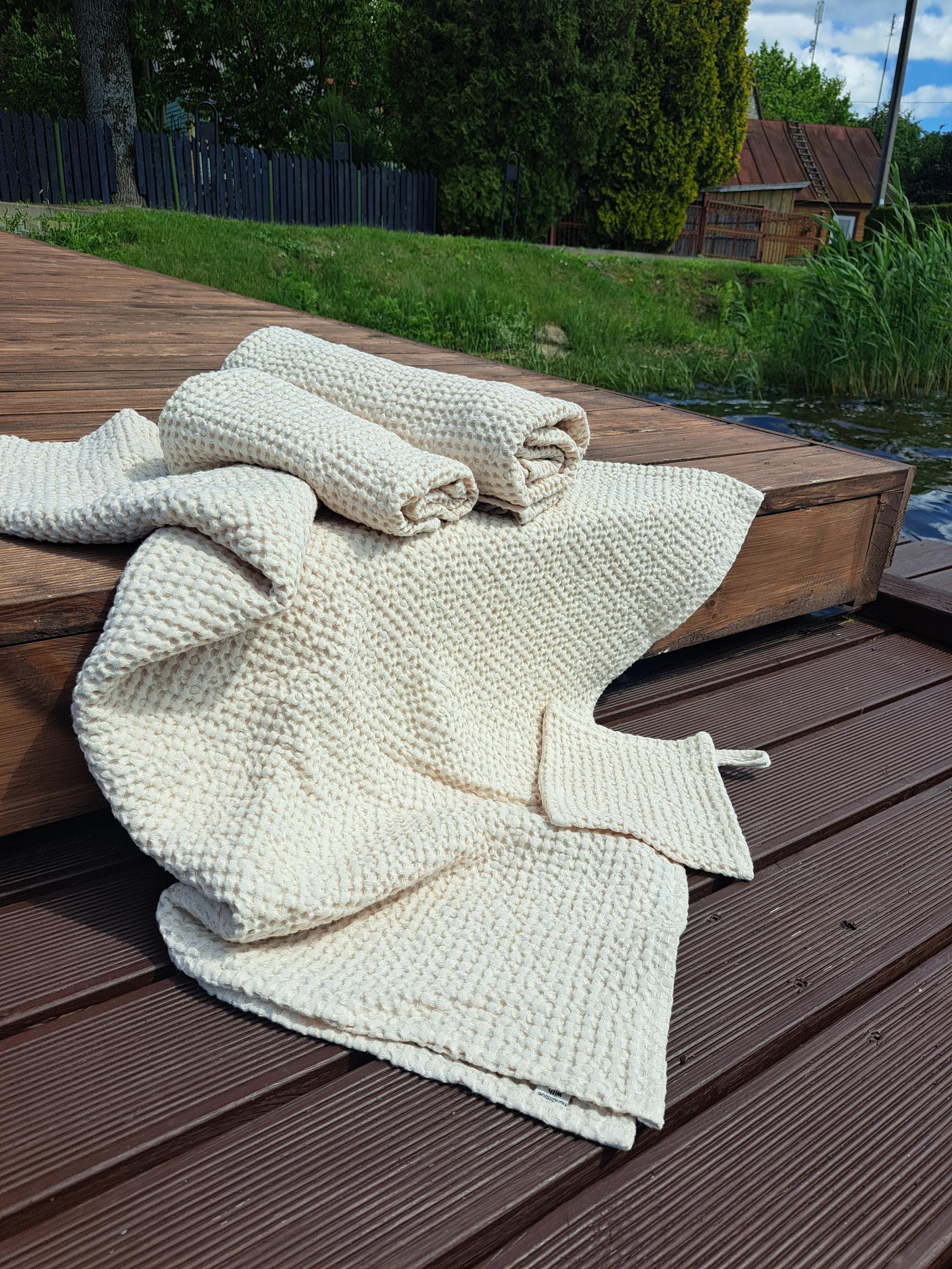 ハンドメイドワッフルリネンバスタオルセット：ソフトシワコットン