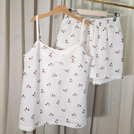 Cotton Pajama Set – Organic Muslin Sleepwear, Lightweight Summer Loungewear, Boho Pajamas, Handmade Natural Sleep Set