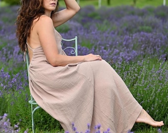 Double Gauze Maxi Dress – Backless Cotton Sundress – Boho Bridesmaid Dress – Greek Goddess Dress