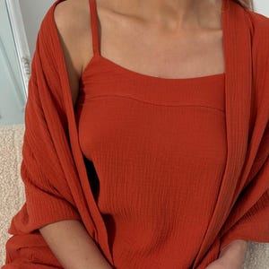 Handmade organic cotton muslin pajama set for women, lightweight double gauze sleepwear, breathable summer loungewear in soft natural fabric, perfect gift for her.
