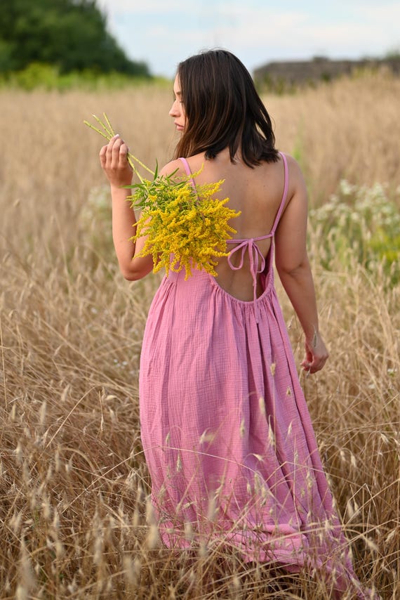 Open Back Dress –Muslin Maxi Dress - Gauze Backless Dress– Cotton Resort Sundress -Boho Beach Dress