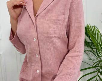 Handmade Organic Muslin Pajama Set – Luxury Cotton Sleepwear, Lightweight Lounge Set for Women