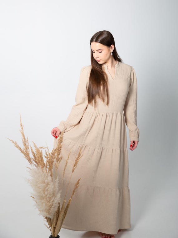 beige long sleeve maternity dress Daphne Long Sleeve Maxi Dress in Beige/Multi Floral