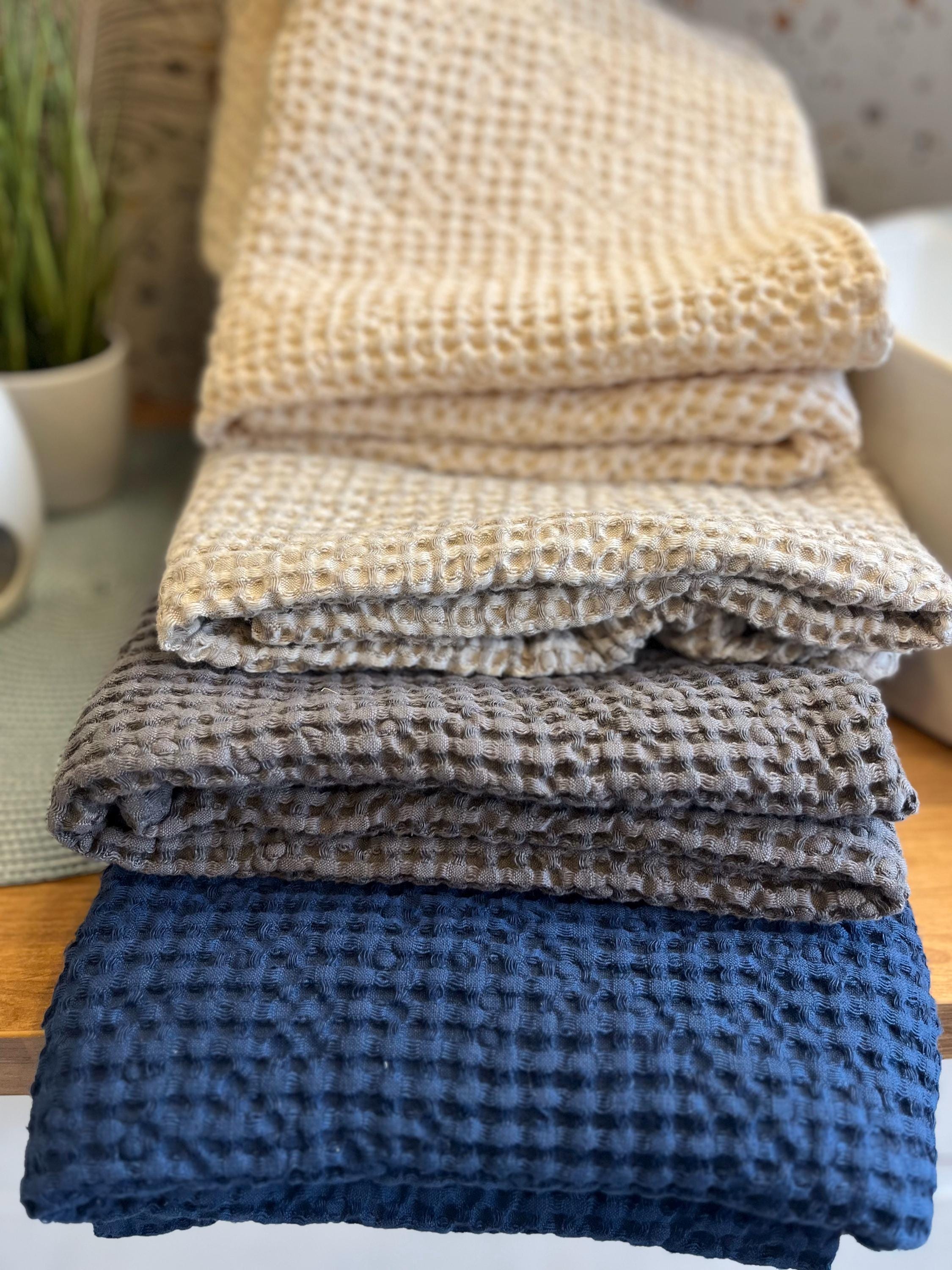 ハンドメイドワッフルリネンバスタオルセット：ソフトシワコットン