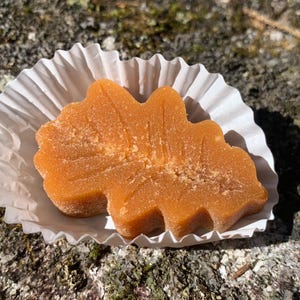 May include: A maple leaf-shaped candy made of maple syrup, in a white paper cup. The candy is a light brown color and has a slightly grainy texture.