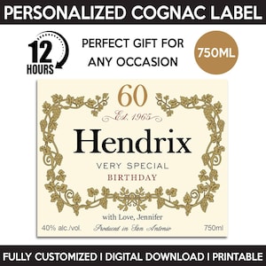Custom Cognac Label, Liquor Label Replica, Personalized And Printable Template, Digital Download Cognac Bottle Label, Birthday Gift, 750ml