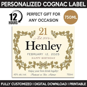 Custom Cognac Label, Liquor Label Replica, Personalized And Printable Template, Digital Download Cognac Bottle Label, Birthday Gift, 750ml