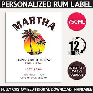 Custom Coconut Rum Label Replica, Personalized And Printable Template, Digital Download Rum Bottle Label, Gift For Birthday, 750ml