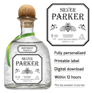 Patrón Tequila Label Replica, Custom Tequila Label, Personalized Printable Template, Digital Download Patron Bottle Label, Birthday, Wedding