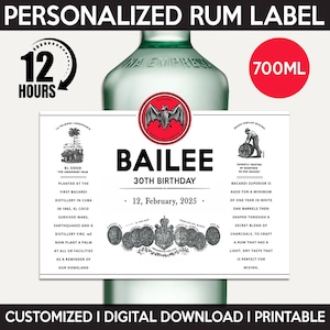 Replica aangepaste rumetiket, gepersonaliseerde en afdrukbare sjabloon, digitale download fles witte rumetiket, cadeau voor verjaardag, 700 ml