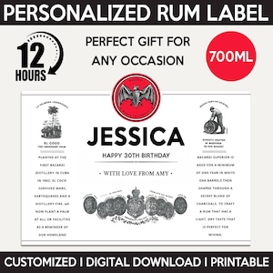 Replica aangepaste rumetiket, gepersonaliseerde en afdrukbare sjabloon, digitale download fles witte rumetiket, cadeau voor verjaardag, 700 ml