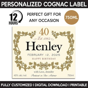 Custom Cognac Label, Liquor Label Replica, Personalized And Printable Template, Digital Download Cognac Bottle Label, Birthday Gift, 750ml