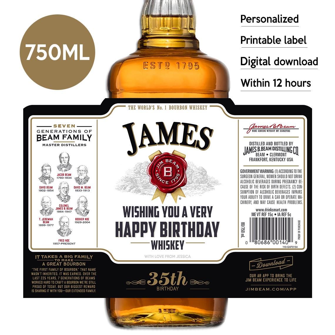 Bourbon Whisky Label, Custom Label, Personalized And Printable Template, Digital Download Whisky Bottle Label, Gift For Birthday, 750ml