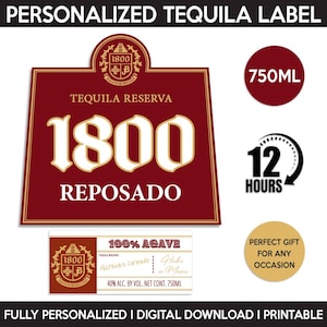 1800 Tequila Reposado Label, Custom Tequila Label, Personalized Template, Digital Download Tequila Bottle Label, Birthday, Wedding, 750ml