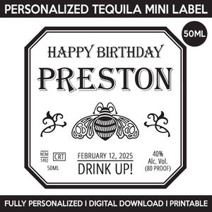 Mini Patrón Tequila Label, Custom Tequila Label, Personalized Template, Digital Download Patron Bottle Label, Birthday, Wedding, 50ml