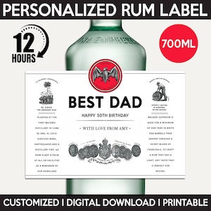 Replica aangepaste rumetiket, gepersonaliseerde en afdrukbare sjabloon, digitale download fles witte rumetiket, verjaardag, cadeau voor beste vader, 700 ml