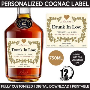 Cognac Label, Liquor Label Replica, Personalized Printable Template, Digital Download Bottle Label, Valentines Day Gift, Drunk In Love